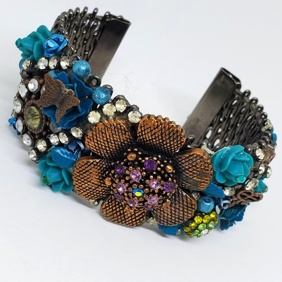 Victorian Steampunk High Detail Copper Turquoise Rose Rhinestone Cuff Bracelet - Picture 9 of 14
